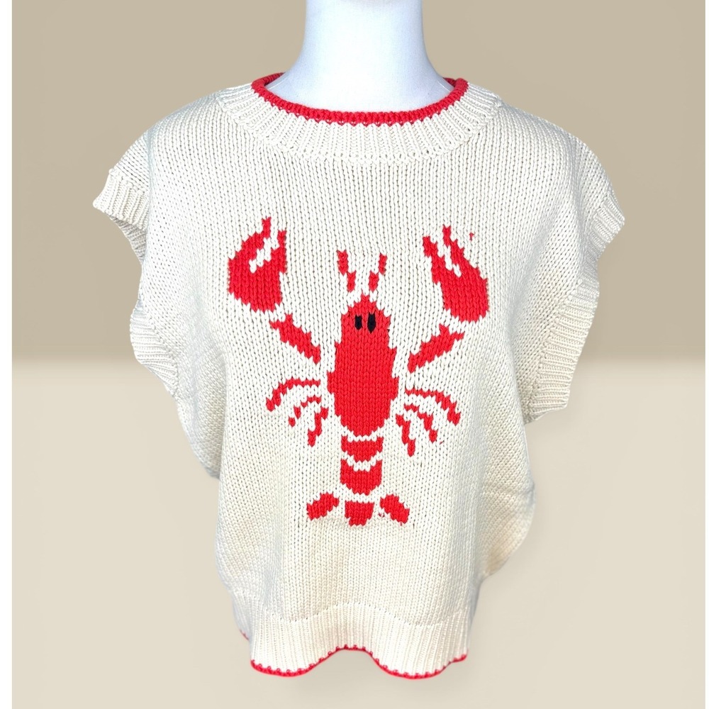 Sunday Edition Lobster Sweater Vest SZ Large Cream Red NWT Coastal Knit - Picture 3 of 10